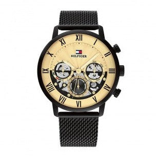  Shop Authentic Tommy Hilfiger Legend Chronograph Gold Dial Black Mesh Bracelet Watch For Men - 1710568 - Luxxuri