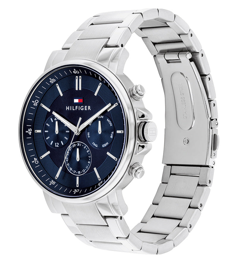  Shop Authentic Tommy Hilfiger Tyson Chronograph Blue Dial Silver Steel Strap Watch For Men - 1710588 - Luxxuri