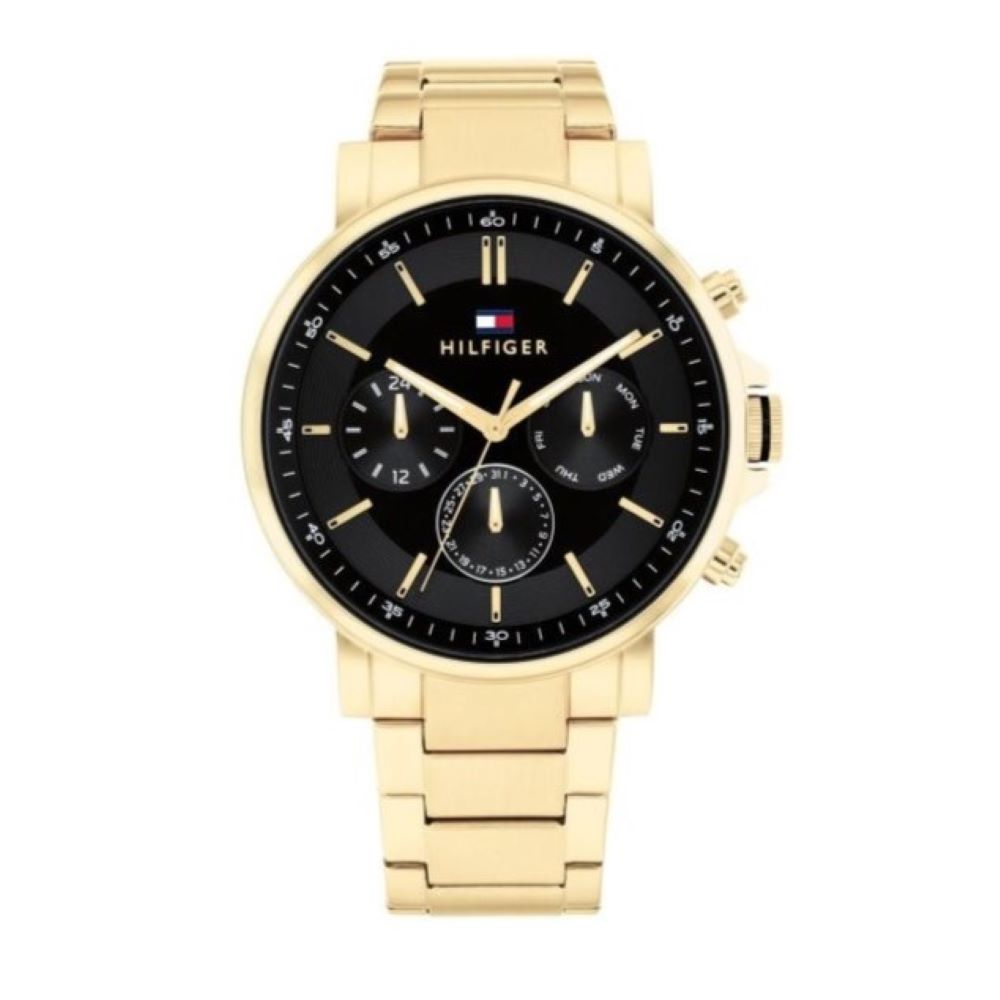  Shop Authentic Tommy Hilfiger Tyson Chronograph Black Dial Gold Steel Strap Watch For Men - 1710589 - Luxxuri