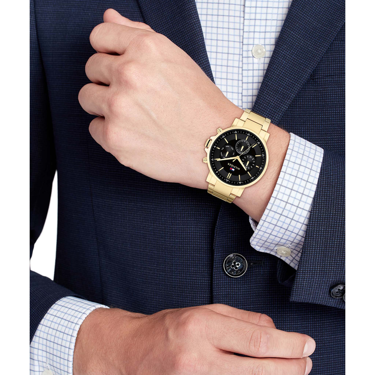 Shop Authentic Tommy Hilfiger Tyson Chronograph Black Dial Gold Steel Strap Watch For Men - 1710589 - Luxxuri