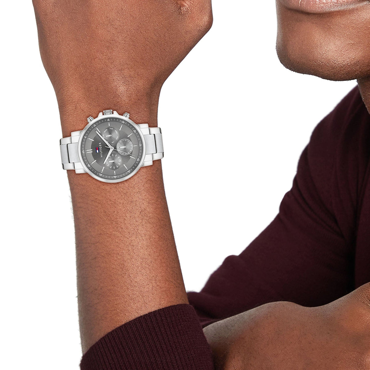  Shop Authentic Tommy Hilfiger Tyson Chronograph Grey Dial Silver Steel Strap Watch For Men - 1710604 - Luxxuri