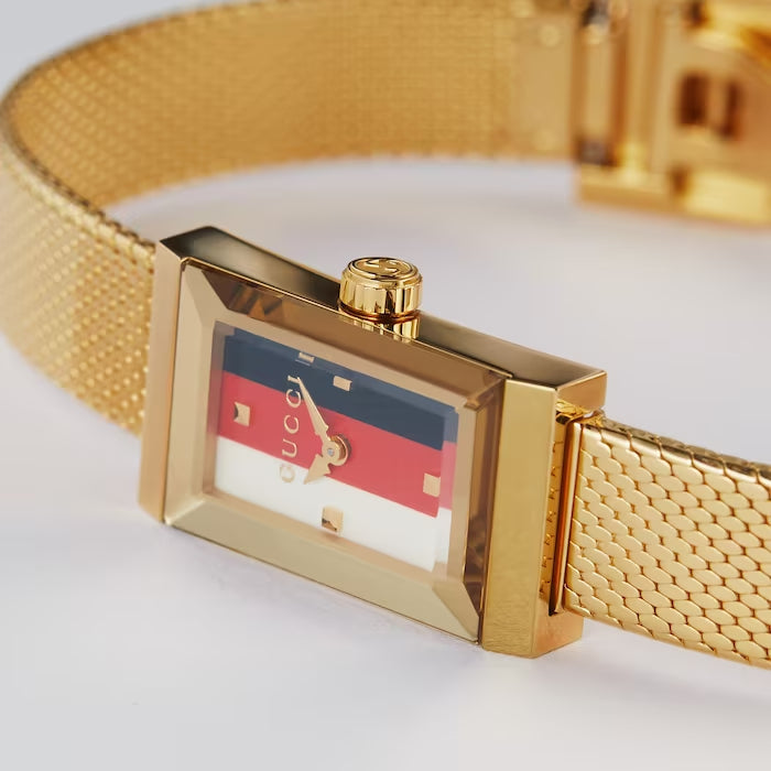  Shop Authentic Gucci G Frame Quartz Diamonds White Red Blue Dial Gold Mesh Bracelet Watch For Women - YA147511 - Luxxuri