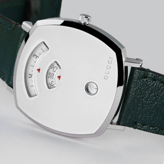  Shop Authentic Gucci Grip Quartz Silver Dial Green Leather Strap Unisex Watch - YA157406 - Luxxuri