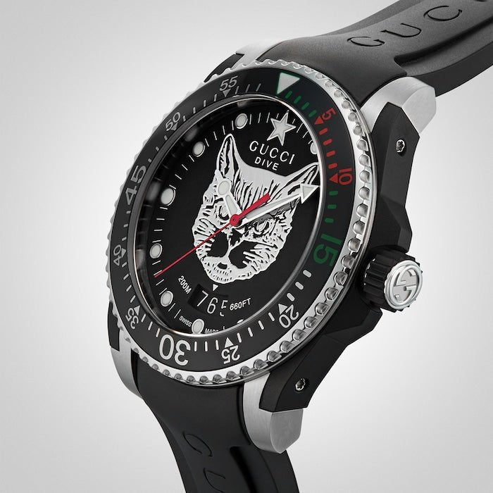  Shop Authentic Gucci Dive Feline Black Dial Black Rubber Strap Watch For Men - YA136320 - Luxxuri