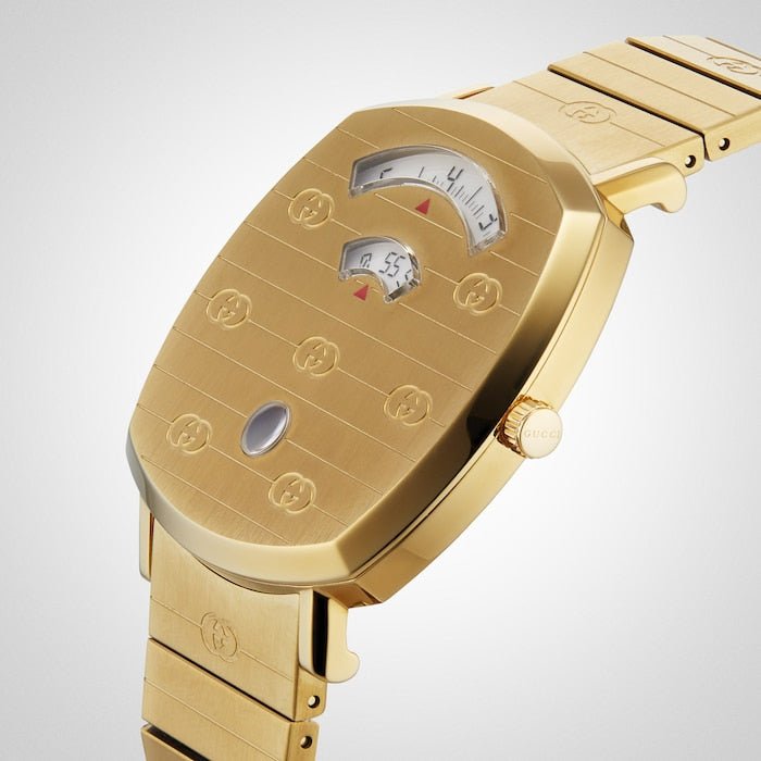  Shop Authentic Gucci Grip Quartz Yellow Gold Dial Gold Steel Strap Unisex Watch - YA157409 - Luxxuri