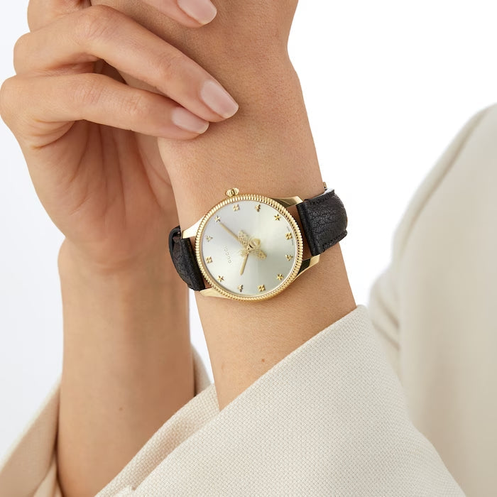  Shop Authentic Gucci G Timeless Quartz Silver Dial Black Leather Strap Watch For Women - YA1264181 - Luxxuri