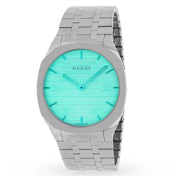  Shop Authentic Gucci 25H Quartz Turquoise Dial Silver Steel Strap Watch For Women - YA163409 - Luxxuri