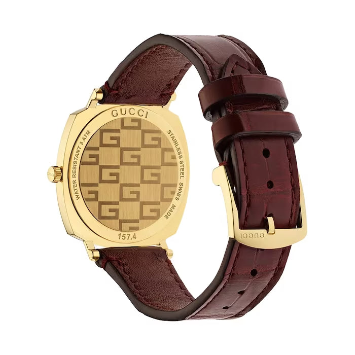  Shop Authentic Gucci Grip Quartz Gold Dial Maroon Leather Strap Watch For Women - YA157402 - Luxxuri