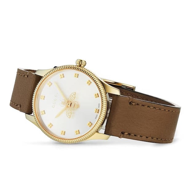  Shop Authentic Gucci G Timeless Quartz Silver Dial Brown Leather Strap Watch For Women - YA1265022 - Luxxuri