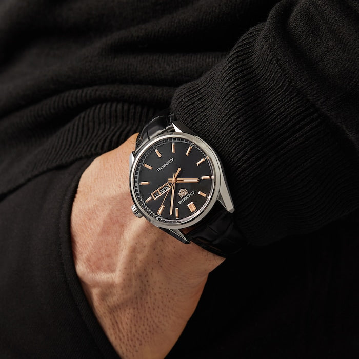  Shop Authentic Tag Heuer Carrera Day Date Black Dial Black Leather Strap Watch for Men - WBN2013.FC6503 - Luxxuri