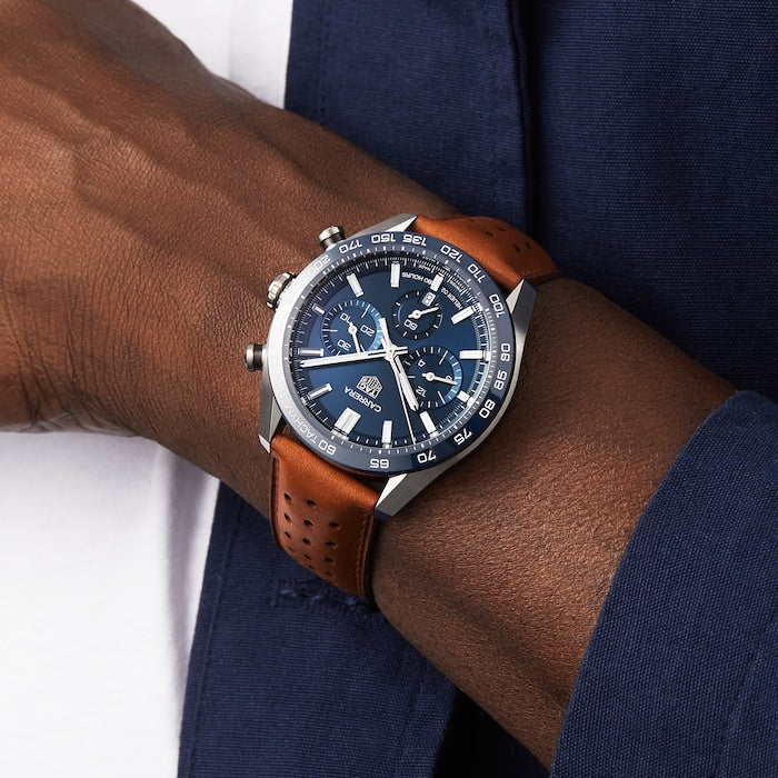  Shop Authentic Tag Heuer Carrera Automatic Chronograph Blue Dial Brown Leather Strap Watch for Men - CBN2A1A.FC6537 - Luxxuri