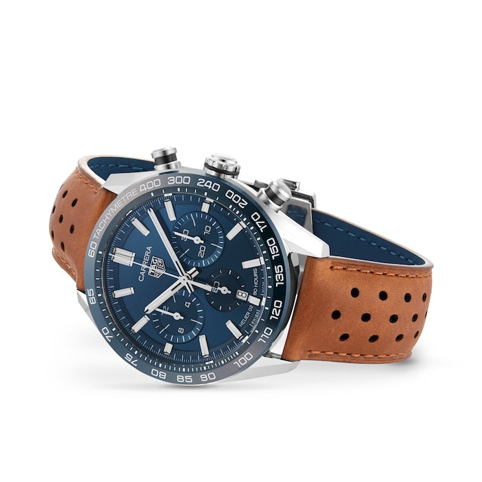  Shop Authentic Tag Heuer Carrera Automatic Chronograph Blue Dial Brown Leather Strap Watch for Men - CBN2A1A.FC6537 - Luxxuri