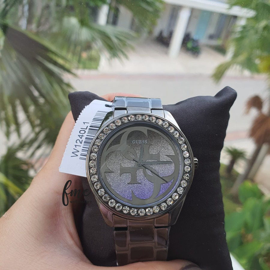  Shop Authentic Guess G Twist Diamonds Purple Dial Black Steel Strap Watch For Women - W1201L4 - Luxxuri
