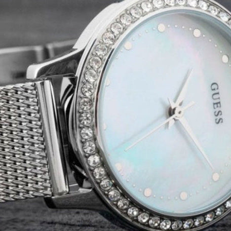  Shop Authentic Guess Chelsea Mother of Pearl White Dial Silver Mesh Strap Watch For Women - W0647L1 - Luxxuri