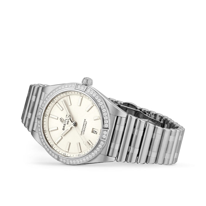  Shop Authentic Breitling Chronomat Automatic 36 Diamonds White Dial Silver Steel Strap Watch for Women - A10380591A1A1 - Luxxuri