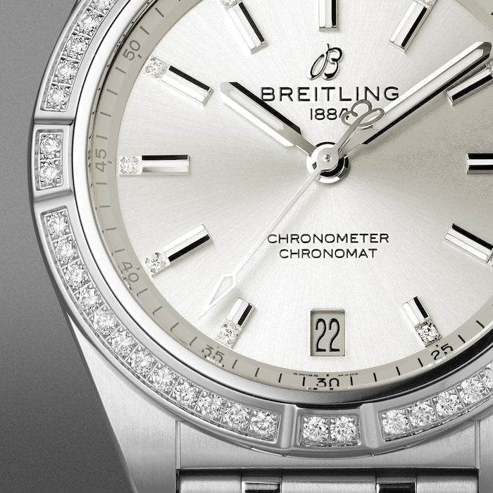  Shop Authentic Breitling Chronomat Automatic 36 Diamonds White Dial Silver Steel Strap Watch for Women - A10380591A1A1 - Luxxuri