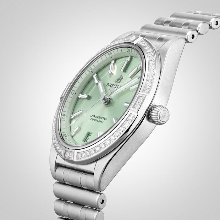  Shop Authentic Breitling Chronomat Automatic 36 Diamonds Green Dial Two Tone Steel Strap Watch for Women - A10380591L1A1 - Luxxuri