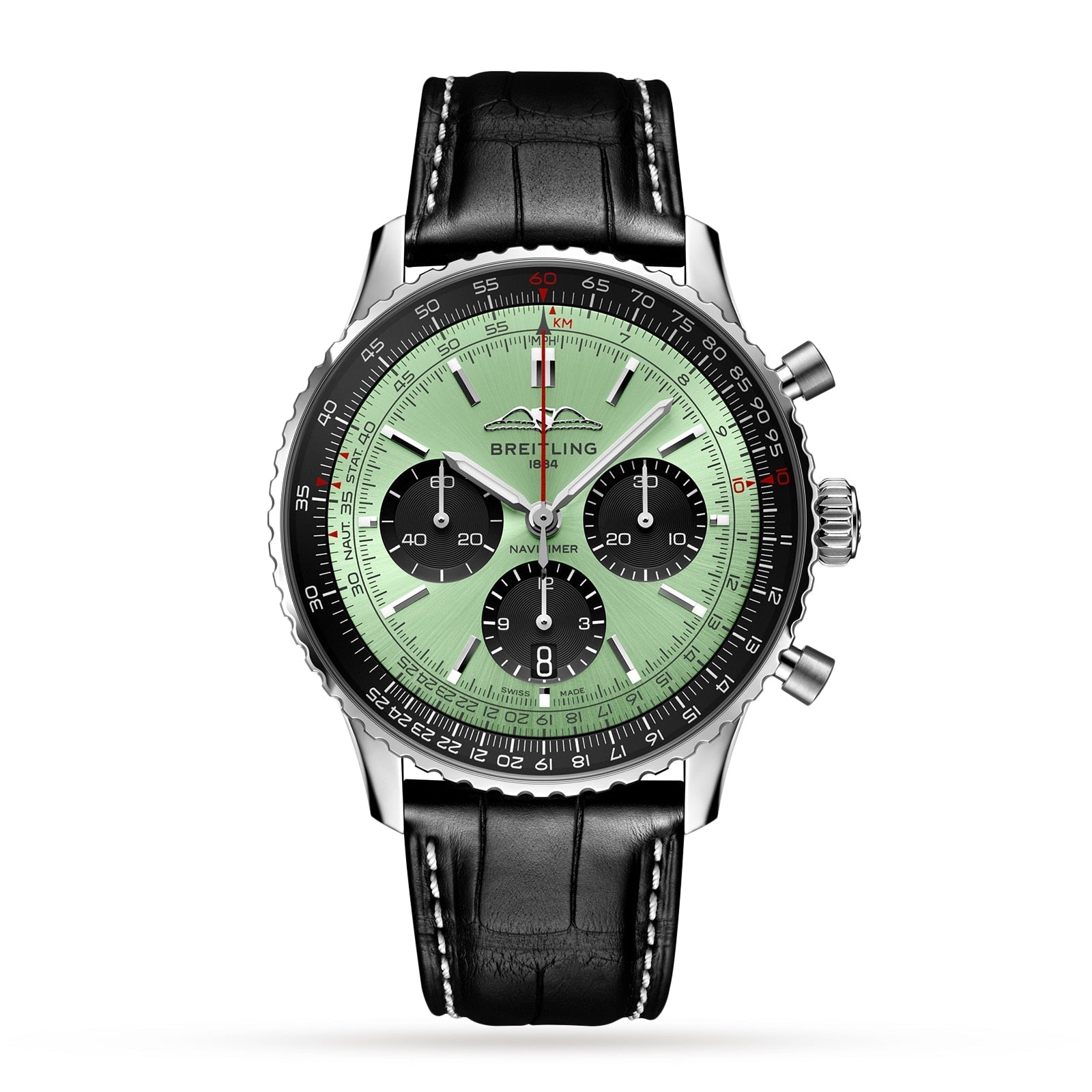  Shop Authentic Breitling Navitimer B01 Chronograph 43 Green Dial Black Leather Strap Watch for Men - AB0138241L1P1 - Luxxuri