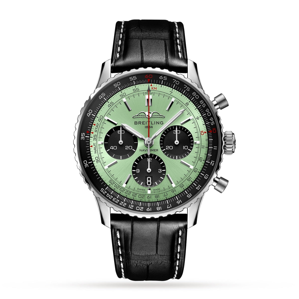  Shop Authentic Breitling Navitimer B01 Chronograph 43 Green Dial Black Leather Strap Watch for Men - AB0138241L1P1 - Luxxuri