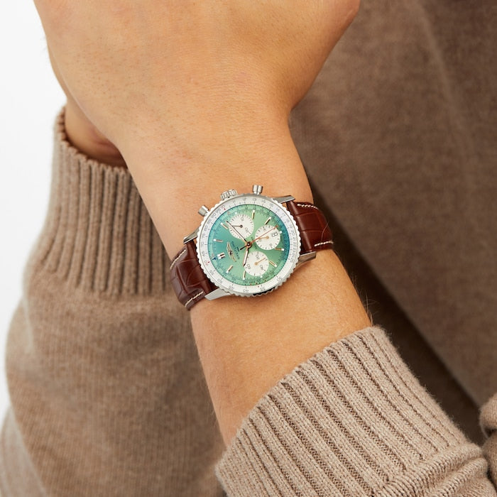  Shop Authentic Breitling Navitimer B01 Chronograph 41 Green Dial Brown Leather Strap Watch for Men - AB0139211L1P1 - Luxxuri