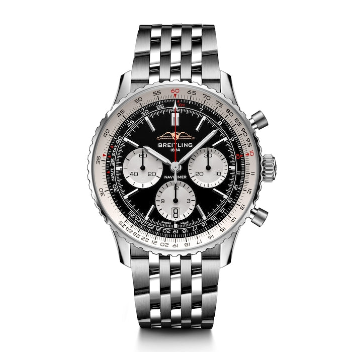  Shop Authentic Breitling Navitimer B01 Chronograph 43 Black Dial Silver Steel Strap Watch for Men - AB0138211B1A1 - Luxxuri