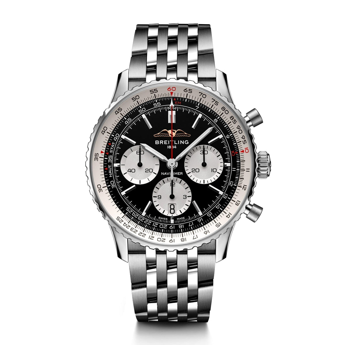  Shop Authentic Breitling Navitimer B01 Chronograph 43 Black Dial Silver Steel Strap Watch for Men - AB0138211B1A1 - Luxxuri