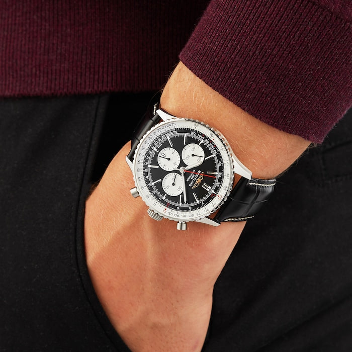  Shop Authentic Breitling Navitimer B01 Chronograph 46 Black Dial Black Leather Strap Watch for Men - AB0137211B1P1 - Luxxuri