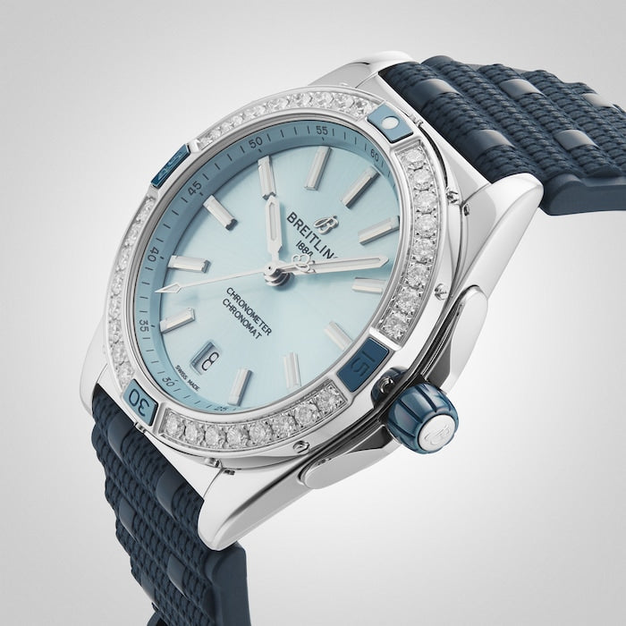  Shop Authentic Breitling Super Chronomat Automatic 38 Diamonds Blue Dial Blue Rubber Strap Watch for Women - A17356531C1S1 - Luxxuri