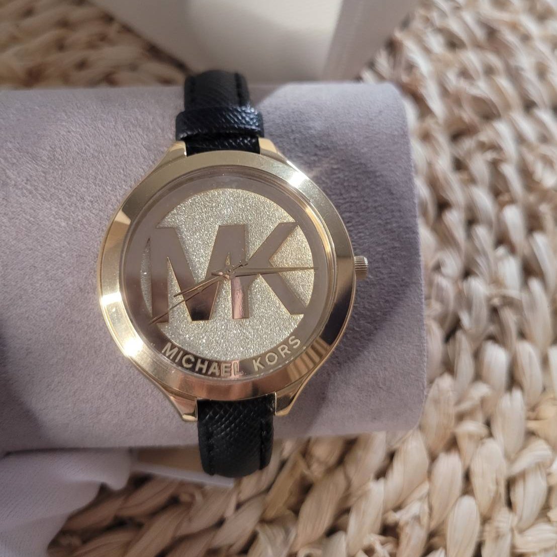  Shop Authentic Michael Kors Slim Runway Quartz Gold Dial Black Leather Strap Watch For Women - MK2392 - Luxxuri