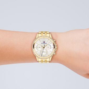  Shop Authentic Tommy Hilfiger Ari Multifunction Diamonds Silver Dial Gold Steel Strap Watch for Women - 1781977 - Luxxuri