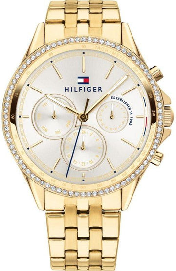  Shop Authentic Tommy Hilfiger Ari Multifunction Diamonds Silver Dial Gold Steel Strap Watch for Women - 1781977 - Luxxuri
