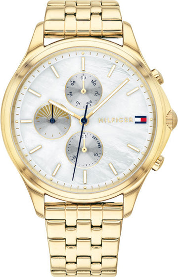  Shop Authentic Tommy Hilfiger Whitney Chronograph Quartz Mother of Pearl White Dial Gold Steel Strap Watch For Women - 1782121 - Luxxuri