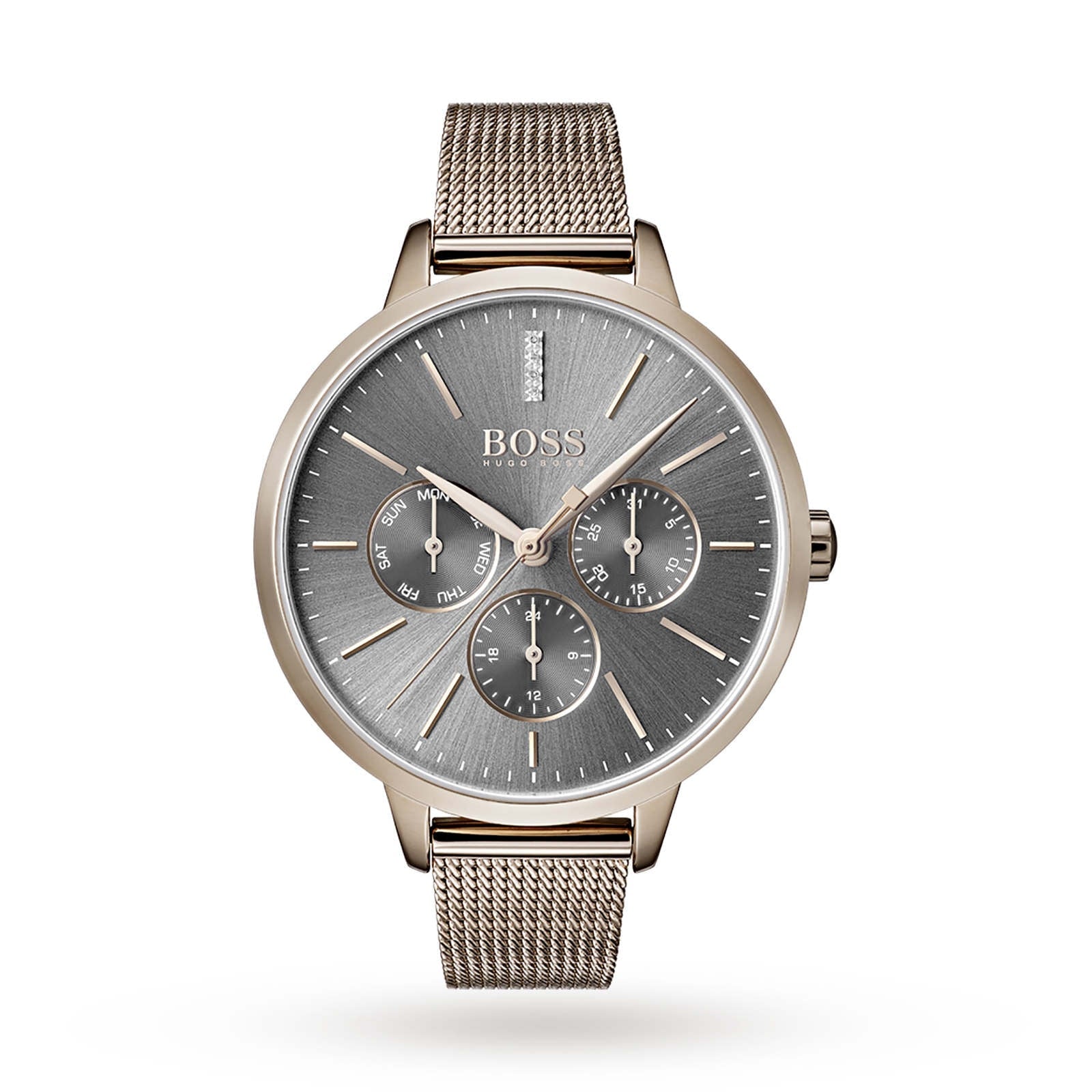  Shop Authentic Hugo Boss Symphony Grey Dial Gold Mesh Bracelet Watch for Women - 1502424 - Luxxuri
