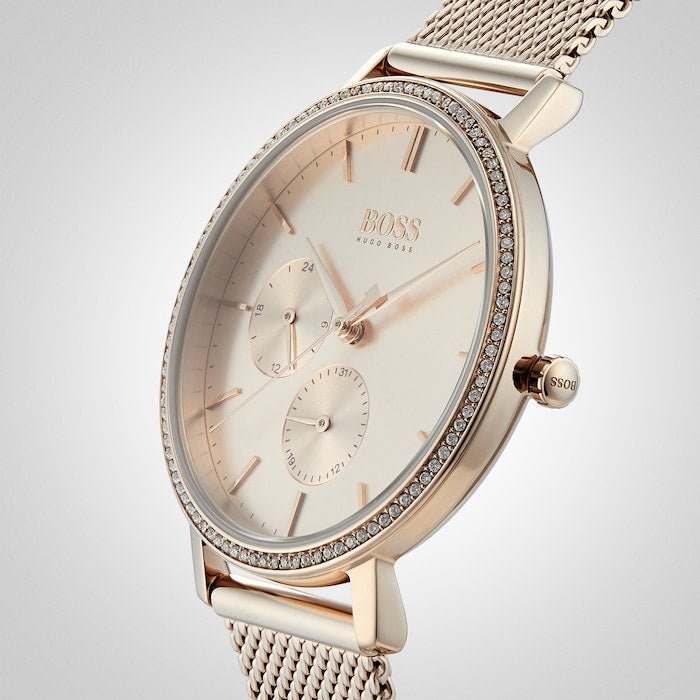  Shop Authentic Hugo Boss Infinity Carnation Gold Dial Gold Mesh Bracelet Watch for Women - 1502519 - Luxxuri