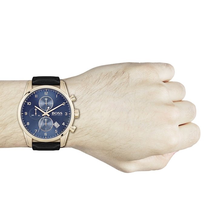  Shop Authentic Hugo Boss Skymaster Chronograph Blue Dial Black Leather Strap Watch for Men - 1513783 - Luxxuri