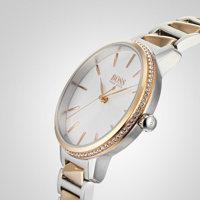  Shop Authentic Hugo Boss Signature Silver Dial Two Tone Steel Strap Watch for Women - 1502567 - Luxxuri