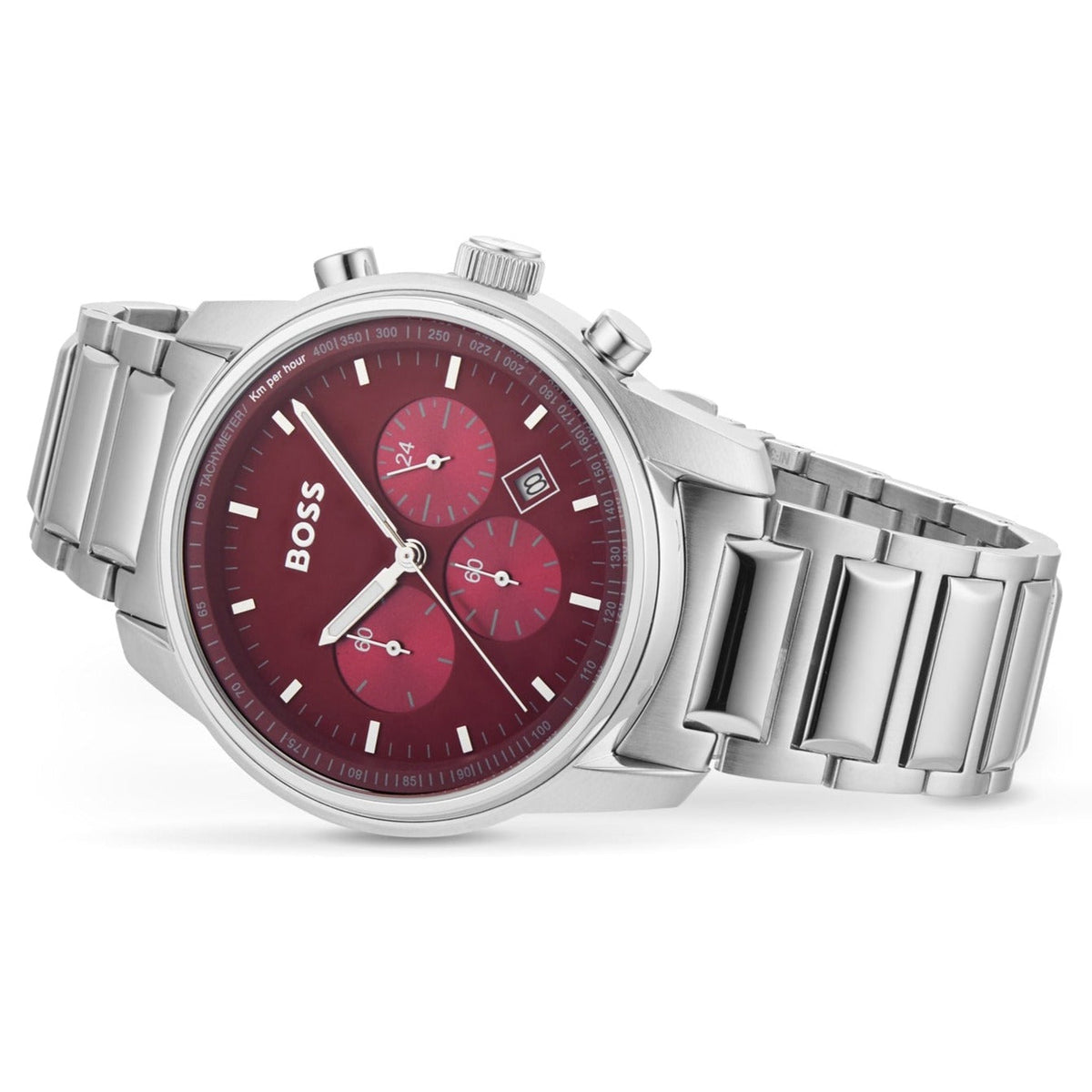  Shop Authentic Hugo Boss Trace Chronograph Red Dial Silver Steel Strap Watch For Men - 1514004 - Luxxuri