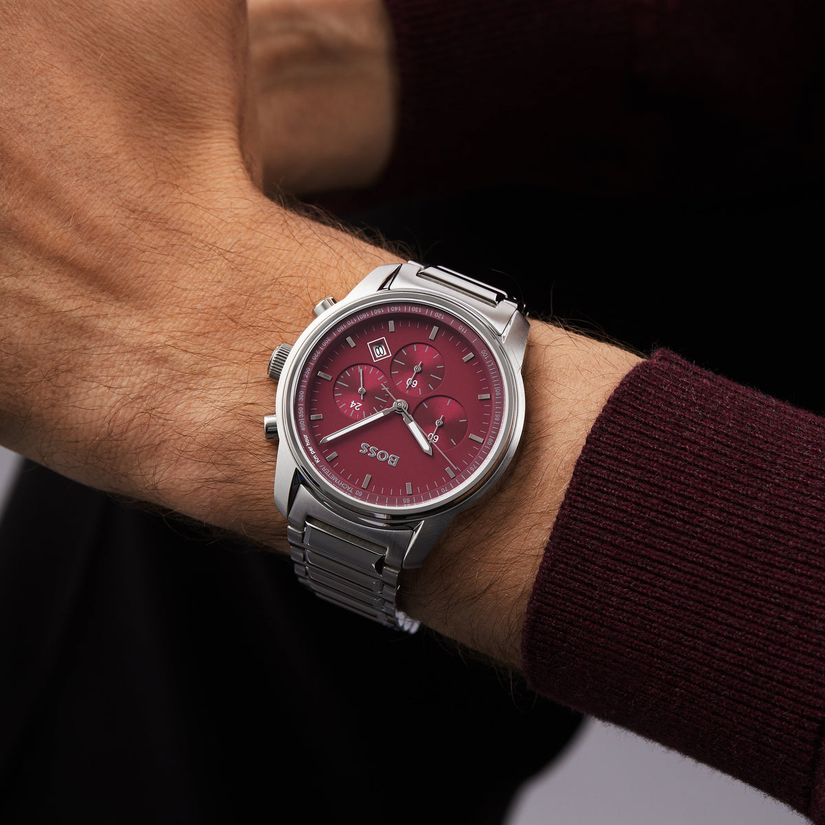  Shop Authentic Hugo Boss Trace Chronograph Red Dial Silver Steel Strap Watch For Men - 1514004 - Luxxuri