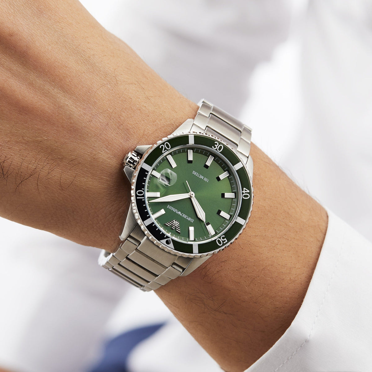  Shop Authentic Emporio Armani Three Hand Green Dial Silver Steel Strap Watch For Men - AR11338 - Luxxuri