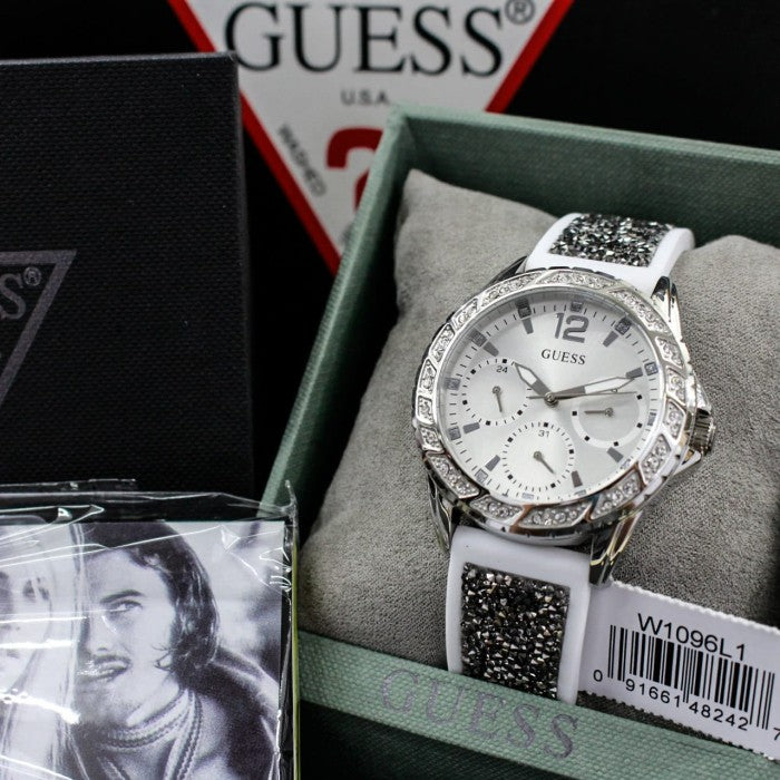  Shop Authentic Guess Swirl Quartz Silver Dial White Silicone Strap Watch for Women - W1096L1 - Luxxuri