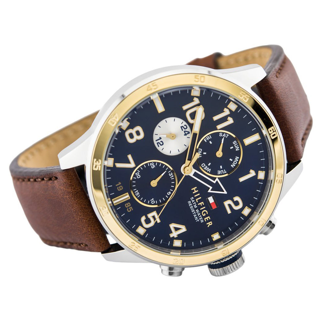  Shop Authentic Tommy Hilfiger Sport Multifunction Blue Dial Brown Leather Strap Watch for Men - 1791137 - Luxxuri
