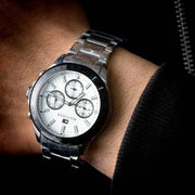  Shop Authentic Tommy Hilfiger Hudson Chronograph White Dial Silver Steel Strap Watch For Men - 1791227 - Luxxuri