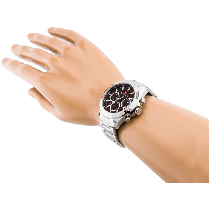  Shop Authentic Tommy Hilfiger Hudson Chronograph Quartz Brown Dial Silver Steel Strap Watch For Men - 1791229 - Luxxuri