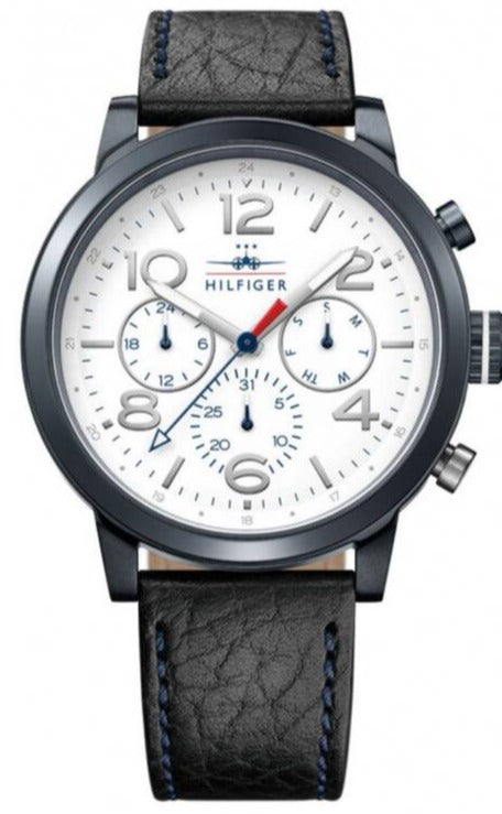  Shop Authentic Tommy Hilfiger Jake Multi Function Quartz White Dial Black Leather Strap Watch for Men - 1791235 - Luxxuri
