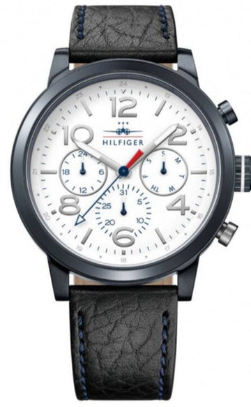  Shop Authentic Tommy Hilfiger Jake Multi Function Quartz White Dial Black Leather Strap Watch for Men - 1791235 - Luxxuri