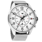 Shop Authentic Tommy Hilfiger Dean Chronograph White Dial Silver Mesh Bracelet Watch for Men - 1791277 - Luxxuri