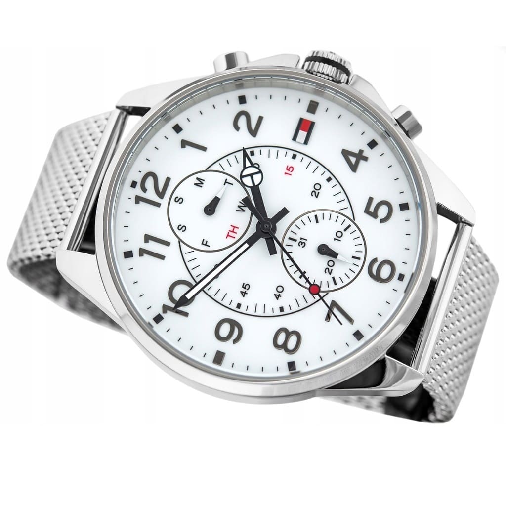  Shop Authentic Tommy Hilfiger Dean Chronograph White Dial Silver Mesh Bracelet Watch for Men - 1791277 - Luxxuri