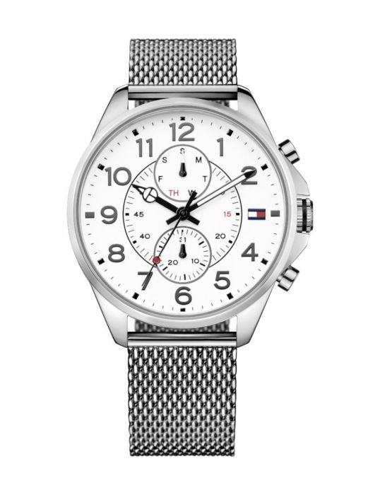  Shop Authentic Tommy Hilfiger Dean Chronograph White Dial Silver Mesh Bracelet Watch for Men - 1791277 - Luxxuri