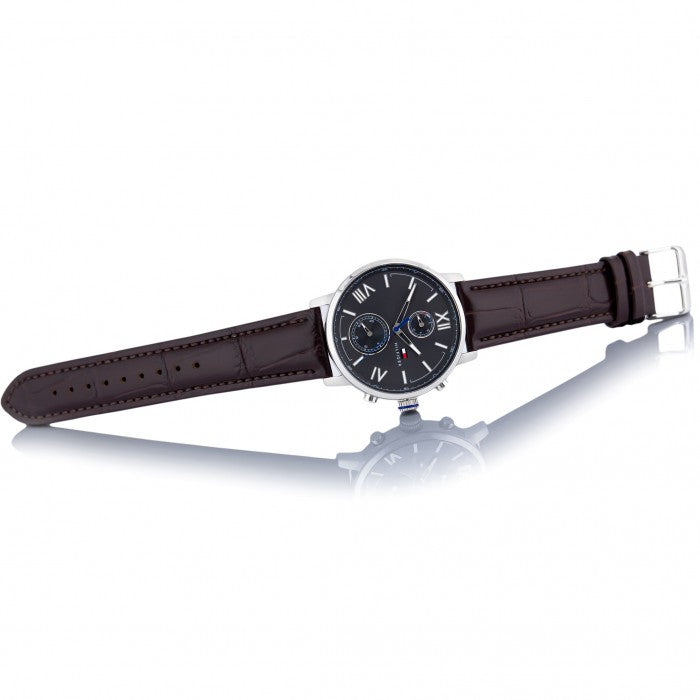  Shop Authentic Tommy Hilfiger Aiden Quartz Black Dial Brown Leather Strap Watch for Men - 1791309 - Luxxuri