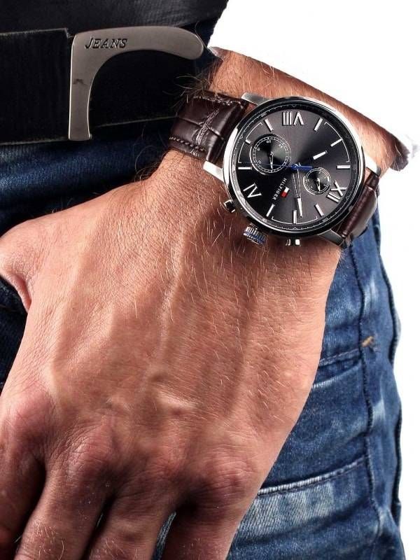  Shop Authentic Tommy Hilfiger Aiden Quartz Black Dial Brown Leather Strap Watch for Men - 1791309 - Luxxuri